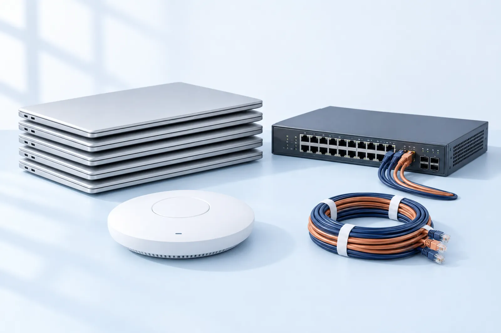 Unbranded laptops, a network switch and an access point arranged with navy and copper cables.