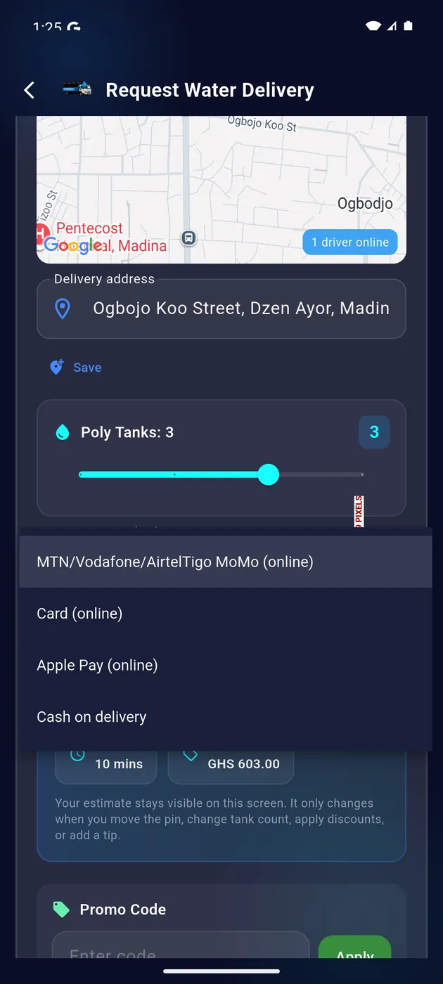 AguaDash request water delivery screen showing map, address, and payment choices.